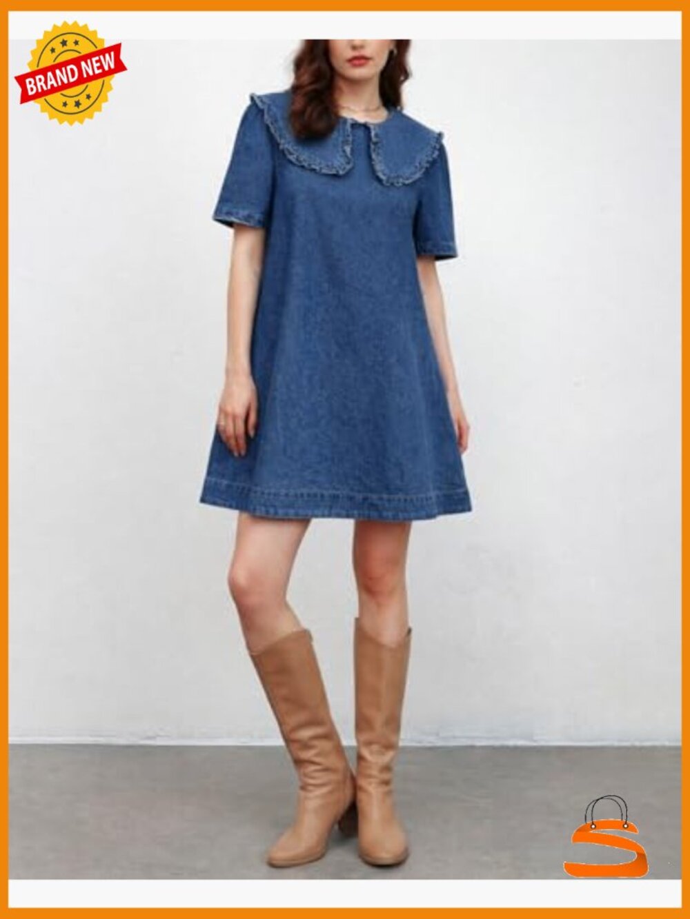 Peter Pan Collar Denim Mini Dress with Pockets Casual Summer - Picture 6 of 7